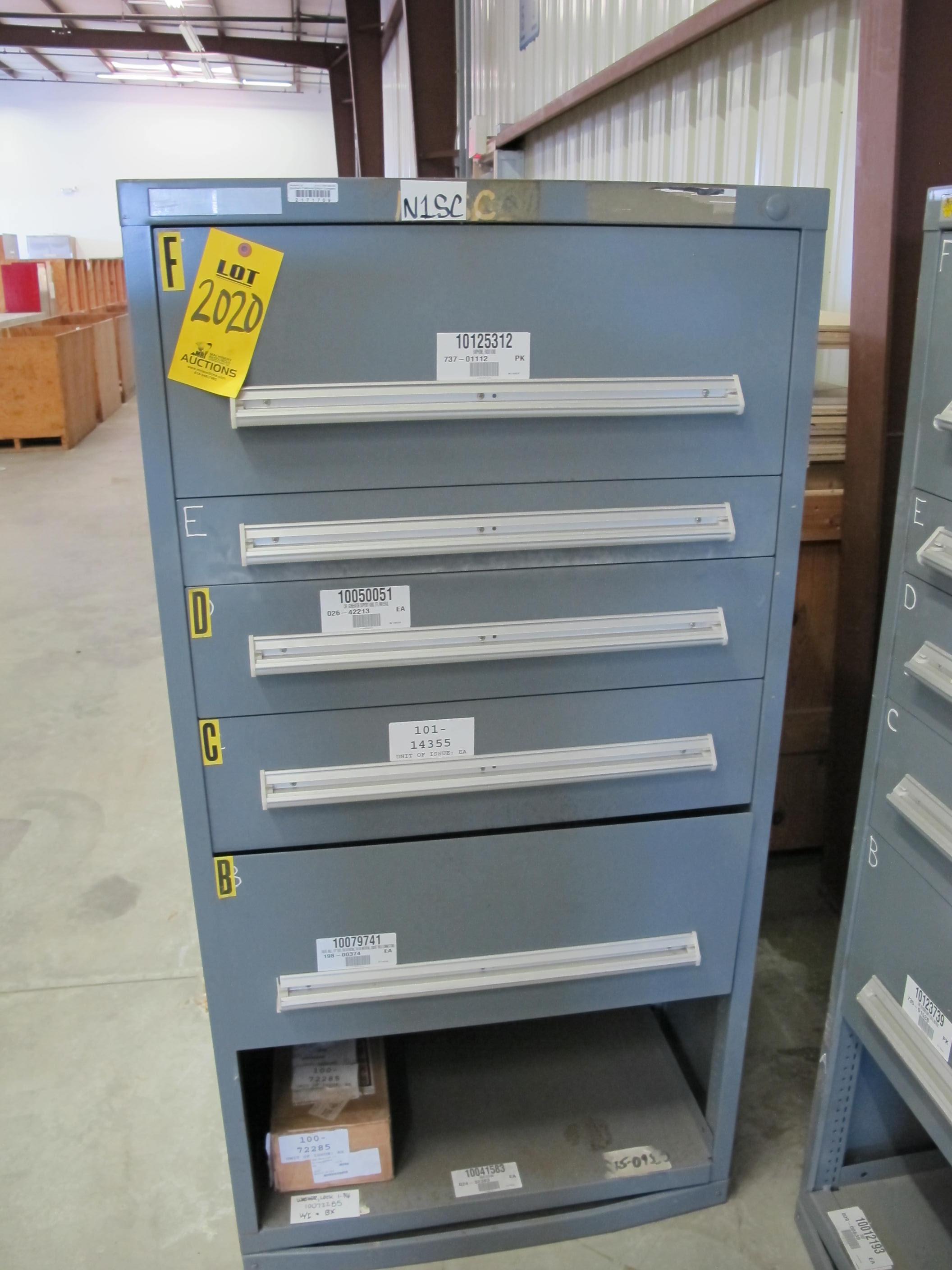 STANLEY VIDMAR HEAVY DUTY 5-DRAWER PARTS CABINET W/ CONTENTS (W-44) LOADING & HANDLING FEE $25-